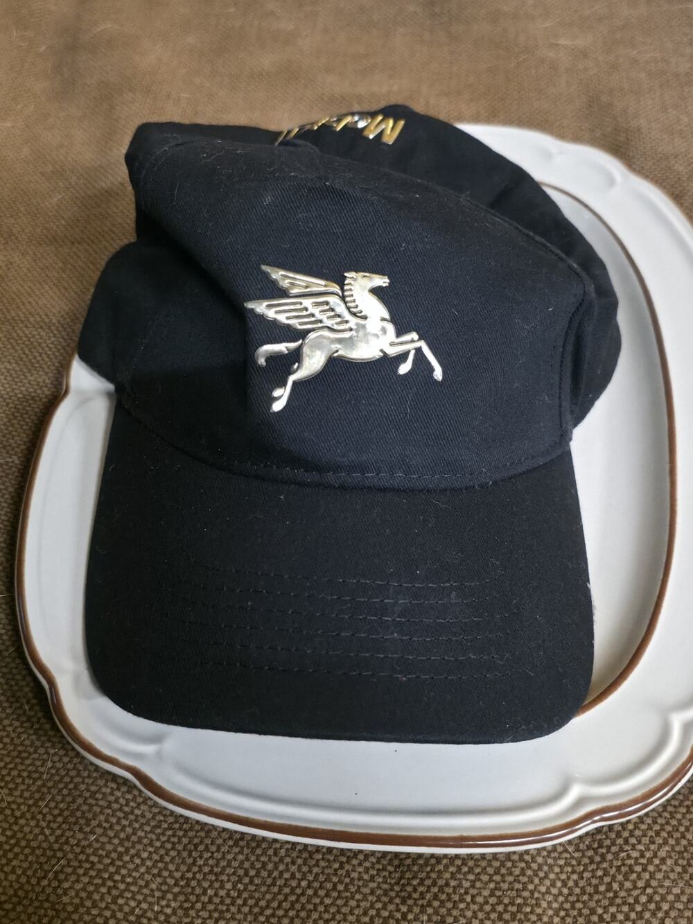 Vintage Mobil 1 Pegasus Black Adjustable Hat Cap Metal Logo NASCAR Racing Promo